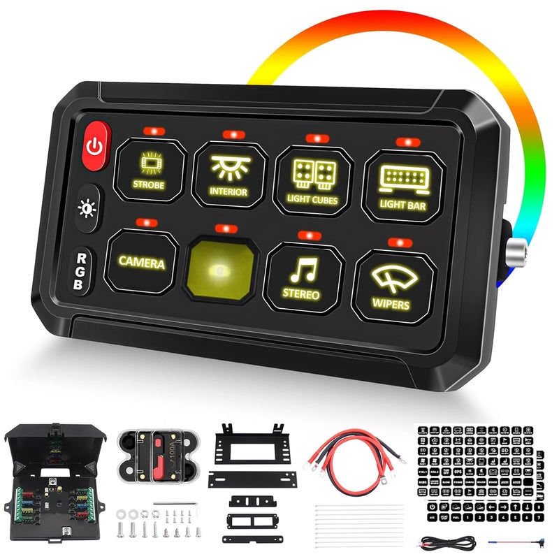 Chelhead 12V Switch Panel 8 Gang RGB Led 3 Button Touch Control Panel Box with Momentary Dimmable Strobe Function Compatible with Trucks Jeep Boat Marine SUV Caravan UTV Pickup - Image 1